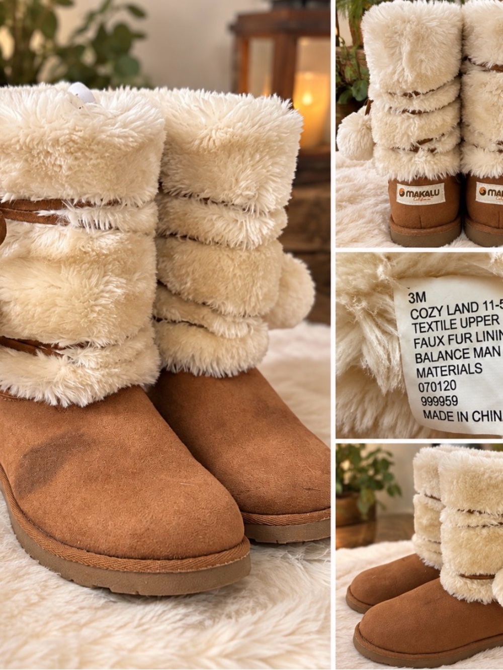 Cozy Land Kids Tan Faux-Fur Pom-Pom Winter Boots- Stained